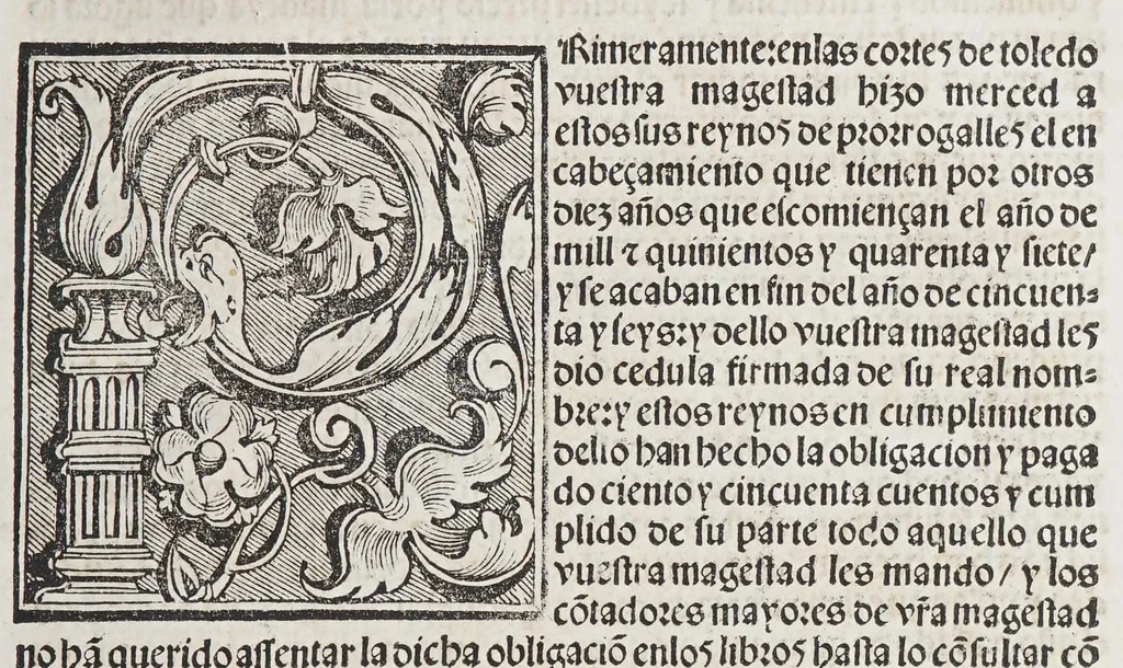 An illustration from Capitulos nueuamente concedidos por la S.C.C.M. del emperador y rey n[uest]ro señor: en las cortes que tuuo, y celebro en la ciudad de Toledo en el año passado de. M.D. y. xxxix. años. : Con la declaracion d[e] las pregmaticas d[e] las mulas, y q[ua]rtaos [sic]. Ju[n]tamente co[n] los capitulos dicedidos e[n] las cortes q[ue] assi mismo tuuo, y celebro e[n] la villa de Valladolid: este año de mill [et] quinie[n]tos y. xl. ii. años., 1542, leaf 21