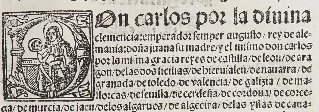 An illustration from Capitulos nueuamente concedidos por la S.C.C.M. del emperador y rey n[uest]ro señor: en las cortes que tuuo, y celebro en la ciudad de Toledo en el año passado de. M.D. y. xxxix. años. : Con la declaracion d[e] las pregmaticas d[e] las mulas, y q[ua]rtaos [sic]. Ju[n]tamente co[n] los capitulos dicedidos e[n] las cortes q[ue] assi mismo tuuo, y celebro e[n] la villa de Valladolid: este año de mill [et] quinie[n]tos y. xl. ii. años., 1542, leaf 7