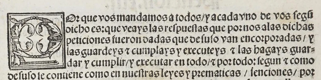 An illustration from Capitulos nueuamente concedidos por la S.C.C.M. del emperador y rey n[uest]ro señor: en las cortes q[ue] tuuo y celebro en la ciudad de Toledo en el año passado de. mil. [et] D. & xxxix. años. : Con la declaracion de las pregmaticas de las mulas, y quartaos [sic]. Juntamente con los capitulos d[e]cedidos que assi mismo tuuo, y celebro en la villa de Ualladolid: este año de mill [et] D. xl.ii. años., 1542, leaf 26