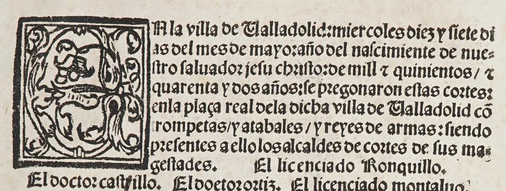 An illustration from Capitulos nueuamente concedidos por la S.C.C.M. del emperador y rey n[uest]ro señor: en las cortes q[ue] tuuo y celebro en la ciudad de Toledo en el año passado de. mil. [et] D. & xxxix. años. : Con la declaracion de las pregmaticas de las mulas, y quartaos [sic]. Juntamente con los capitulos d[e]cedidos que assi mismo tuuo, y celebro en la villa de Ualladolid: este año de mill [et] D. xl.ii. años., 1542, leaf 27