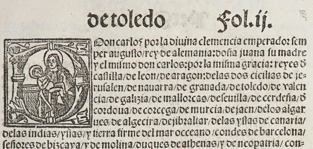 An illustration from Capitulos nueuamente concedidos por la S.C.C.M. del emperador y rey n[uest]ro señor: en las cortes q[ue] tuuo y celebro en la ciudad de Toledo en el año passado de. mil. [et] D. & xxxix. años. : Con la declaracion de las pregmaticas de las mulas, y quartaos [sic]. Juntamente con los capitulos d[e]cedidos que assi mismo tuuo, y celebro en la villa de Ualladolid: este año de mill [et] D. xl.ii. años., 1542, leaf 7