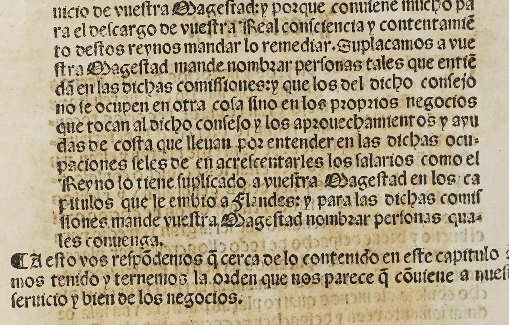 An illustration from Capitulos y leyes discedidos en las cortes q[ue] Su Magestad del rey don Phelipe nuestro señor tuuo y celebro en la ciudad de Toledo: q[ue] se començaro[n] el año passado de M.D. Lix. y se fenesciero[n] y acabaro[n] este presente año de mil y quinientos y sesenta. : Van añadidas. La pregmatica para q[ue] ningu[n] natural destos reynos vaya a estudiar fuera d[e]llos. Y vna prouision q[ue] Su M[agestad] mando hazer cerca de la talla delas aues q[ue] se toma[n] para la caça de su M[agestad]. Y otra pregmatica para q[ue] los gitanos no anden por estos reynos. Y otra prouisio[n] para q[ue] los mesones este[n] bie[n] proueydos de los mantenie[n]tos necessarios. Y vna cedula de Su M[agestad] sobre la orden q[ue] se ha de tener en los recognoscimie[n]tos de conocimientos y execucion dellos, 1560, leaf 14