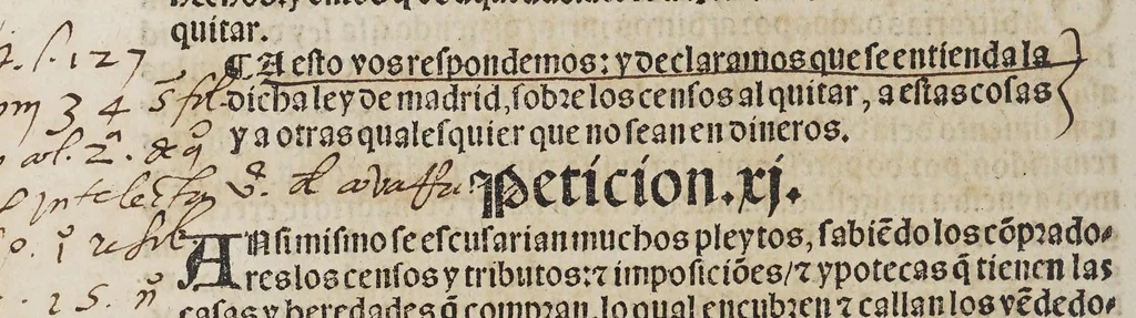 An illustration from Capítulos nueuame[n]te concedidos por la S.C.C.M. del emperador y rey nuestro señor en las cortes que tuuo y celebro en la ciudad de Toledo: en el año passado de M.D.[y] xxix. años. : Con la declaracio[n] de las pregmaticas de las mulas, y q[ua]rtagos. Juntame[n]te con los capitulos dicedidos en las cortes q[ue] assi mismo tuuo, y celebro en la villa de Valladolid: este año de mil [y] quinientos [y] xl.ij. años, 1545, leaf 14