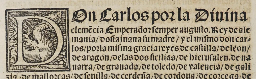 An illustration from Capítulos nueuame[n]te concedidos por la S.C.C.M. del emperador y rey nuestro señor en las cortes que tuuo y celebro en la ciudad de Toledo: en el año passado de M.D.[y] xxix. años. : Con la declaracio[n] de las pregmaticas de las mulas, y q[ua]rtagos. Juntame[n]te con los capitulos dicedidos en las cortes q[ue] assi mismo tuuo, y celebro en la villa de Valladolid: este año de mil [y] quinientos [y] xl.ij. años, 1545, leaf 22