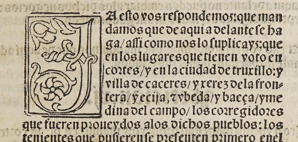 An illustration from Capítulos nueuame[n]te concedidos por la S.C.C.M. del emperador y rey nuestro señor en las cortes que tuuo y celebro en la ciudad de Toledo: en el año passado de M.D.[y] xxix. años. : Con la declaracio[n] de las pregmaticas de las mulas, y q[ua]rtagos. Juntame[n]te con los capitulos dicedidos en las cortes q[ue] assi mismo tuuo, y celebro en la villa de Valladolid: este año de mil [y] quinientos [y] xl.ij. años, 1545, leaf 29