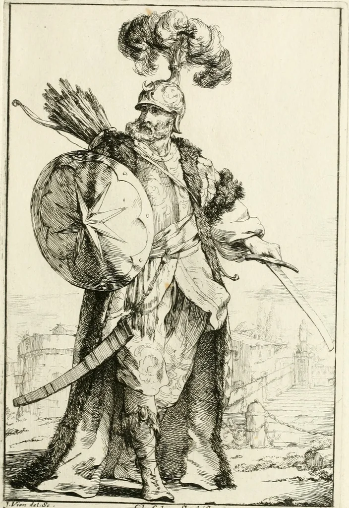 An illustration from Caravanne du sultan ala Mecque; mascarade turque donnée a Rome par Messieurs les pensionnaires de l'Academie de France et leurs amis au Carnaval de l'année 1748. Dediée à messire Iean Francois de Troy, ecuïer, conseiller sécrétaire du Roi, chevalier de l'Ordre de S. Michel, directeur de l'Academie roïale de France a Rome, ancien Recteur de celle de Paris, et ancien Prince de l'Academie de S. Luc de Rome &c ..., 1749, leaf 12