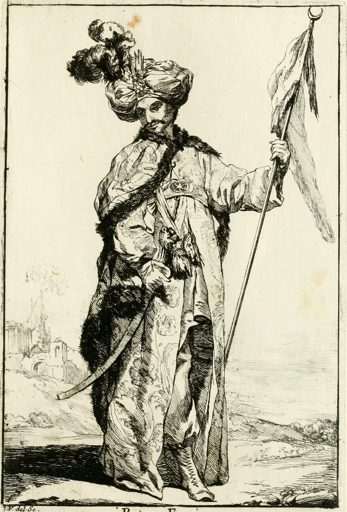 An illustration from Caravanne du sultan ala Mecque; mascarade turque donnée a Rome par Messieurs les pensionnaires de l'Academie de France et leurs amis au Carnaval de l'année 1748. Dediée à messire Iean Francois de Troy, ecuïer, conseiller sécrétaire du Roi, chevalier de l'Ordre de S. Michel, directeur de l'Academie roïale de France a Rome, ancien Recteur de celle de Paris, et ancien Prince de l'Academie de S. Luc de Rome &c ..., 1749, leaf 14