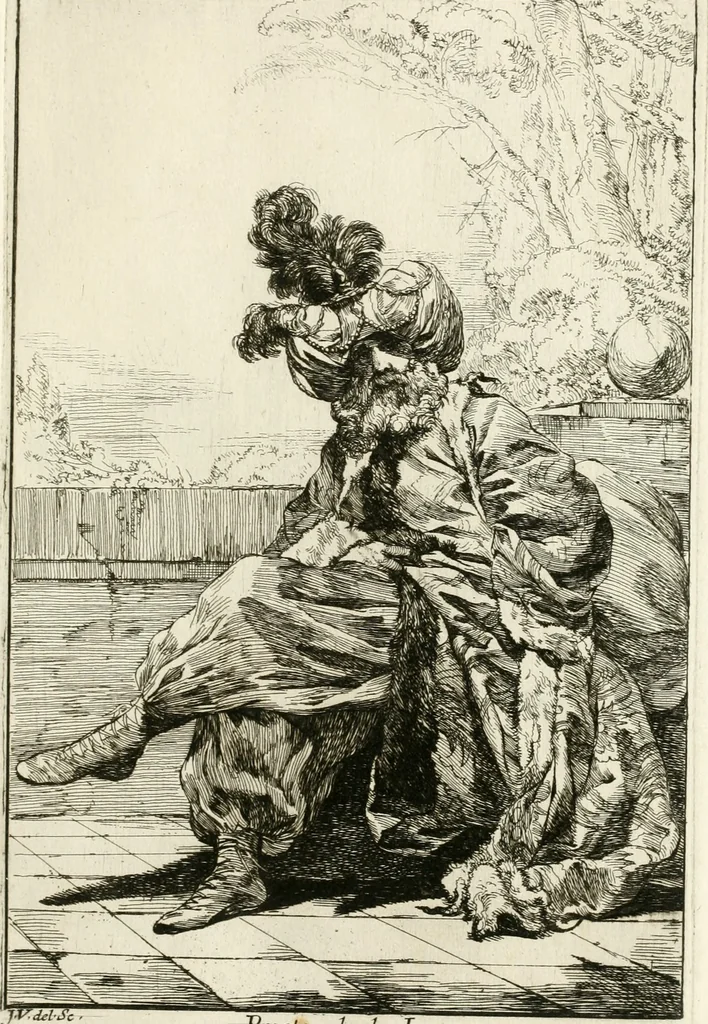 An illustration from Caravanne du sultan ala Mecque; mascarade turque donnée a Rome par Messieurs les pensionnaires de l'Academie de France et leurs amis au Carnaval de l'année 1748. Dediée à messire Iean Francois de Troy, ecuïer, conseiller sécrétaire du Roi, chevalier de l'Ordre de S. Michel, directeur de l'Academie roïale de France a Rome, ancien Recteur de celle de Paris, et ancien Prince de l'Academie de S. Luc de Rome &c ..., 1749, leaf 26