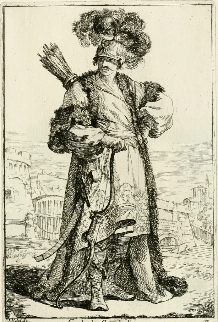 An illustration from Caravanne du sultan ala Mecque; mascarade turque donnée a Rome par Messieurs les pensionnaires de l'Academie de France et leurs amis au Carnaval de l'année 1748. Dediée à messire Iean Francois de Troy, ecuïer, conseiller sécrétaire du Roi, chevalier de l'Ordre de S. Michel, directeur de l'Academie roïale de France a Rome, ancien Recteur de celle de Paris, et ancien Prince de l'Academie de S. Luc de Rome &c ..., 1749, leaf 34