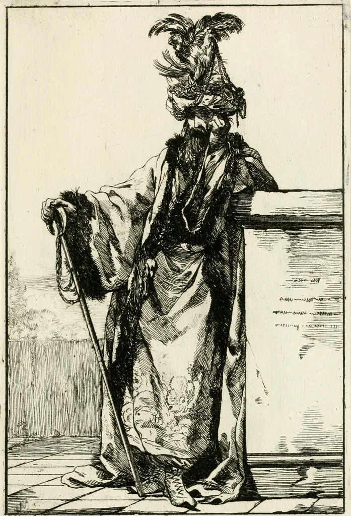 An illustration from Caravanne du sultan ala Mecque; mascarade turque donnée a Rome par Messieurs les pensionnaires de l'Academie de France et leurs amis au Carnaval de l'année 1748. Dediée à messire Iean Francois de Troy, ecuïer, conseiller sécrétaire du Roi, chevalier de l'Ordre de S. Michel, directeur de l'Academie roïale de France a Rome, ancien Recteur de celle de Paris, et ancien Prince de l'Academie de S. Luc de Rome &c ..., 1749, leaf 36