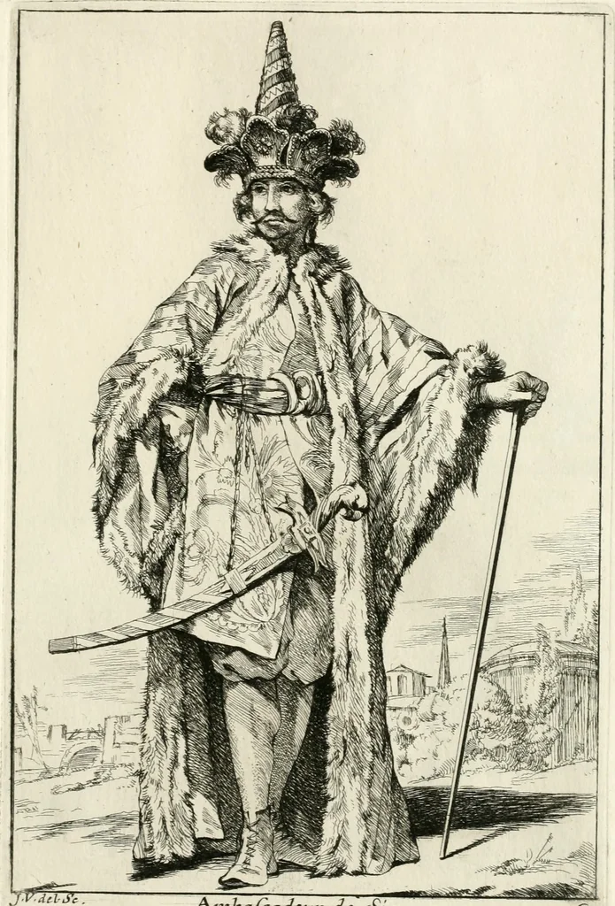 An illustration from Caravanne du sultan ala Mecque; mascarade turque donnée a Rome par Messieurs les pensionnaires de l'Academie de France et leurs amis au Carnaval de l'année 1748. Dediée à messire Iean Francois de Troy, ecuïer, conseiller sécrétaire du Roi, chevalier de l'Ordre de S. Michel, directeur de l'Academie roïale de France a Rome, ancien Recteur de celle de Paris, et ancien Prince de l'Academie de S. Luc de Rome &c ..., 1749, leaf 40
