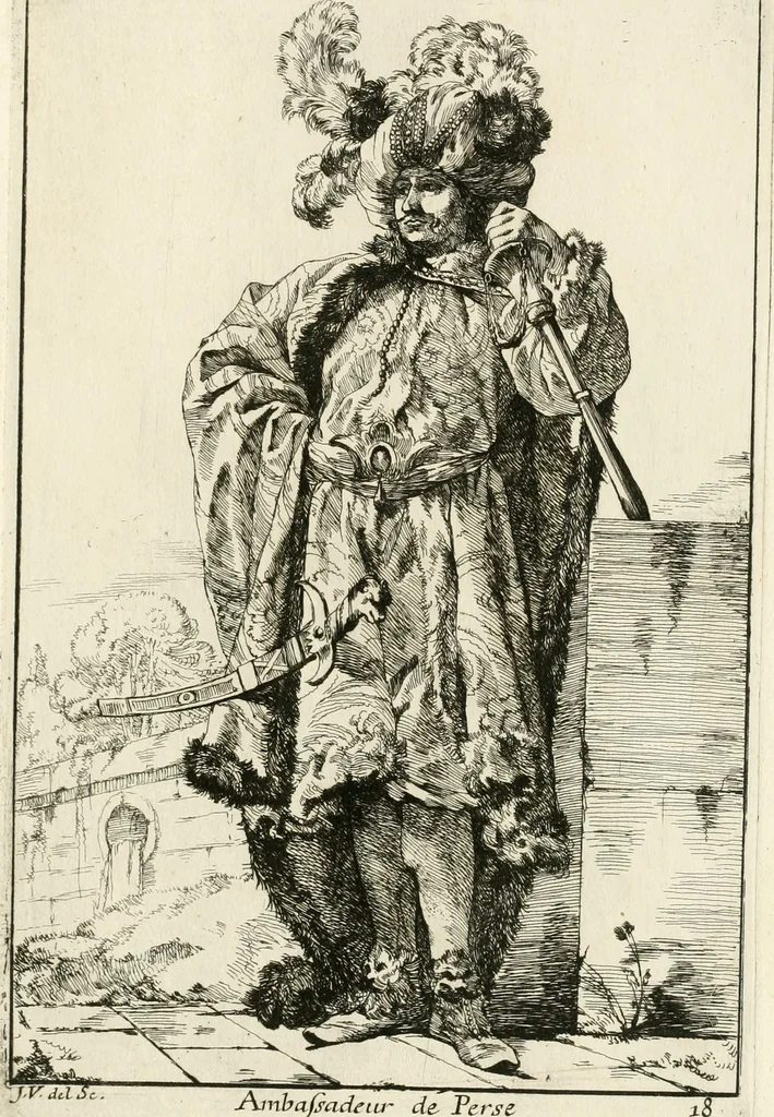 An illustration from Caravanne du sultan ala Mecque; mascarade turque donnée a Rome par Messieurs les pensionnaires de l'Academie de France et leurs amis au Carnaval de l'année 1748. Dediée à messire Iean Francois de Troy, ecuïer, conseiller sécrétaire du Roi, chevalier de l'Ordre de S. Michel, directeur de l'Academie roïale de France a Rome, ancien Recteur de celle de Paris, et ancien Prince de l'Academie de S. Luc de Rome &c ..., 1749, leaf 44