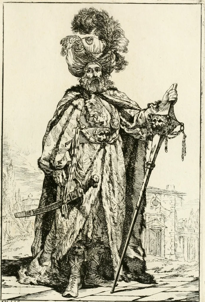 An illustration from Caravanne du sultan ala Mecque; mascarade turque donnée a Rome par Messieurs les pensionnaires de l'Academie de France et leurs amis au Carnaval de l'année 1748. Dediée à messire Iean Francois de Troy, ecuïer, conseiller sécrétaire du Roi, chevalier de l'Ordre de S. Michel, directeur de l'Academie roïale de France a Rome, ancien Recteur de celle de Paris, et ancien Prince de l'Academie de S. Luc de Rome &c ..., 1749, leaf 46