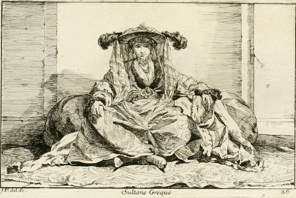 An illustration from Caravanne du sultan ala Mecque; mascarade turque donnée a Rome par Messieurs les pensionnaires de l'Academie de France et leurs amis au Carnaval de l'année 1748. Dediée à messire Iean Francois de Troy, ecuïer, conseiller sécrétaire du Roi, chevalier de l'Ordre de S. Michel, directeur de l'Academie roïale de France a Rome, ancien Recteur de celle de Paris, et ancien Prince de l'Academie de S. Luc de Rome &c ..., 1749, leaf 60