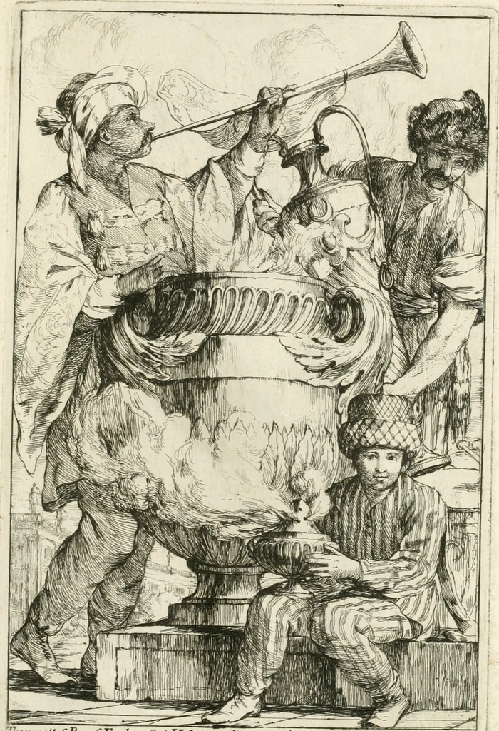 An illustration from Caravanne du sultan ala Mecque; mascarade turque donnée a Rome par Messieurs les pensionnaires de l'Academie de France et leurs amis au Carnaval de l'année 1748. Dediée à messire Iean Francois de Troy, ecuïer, conseiller sécrétaire du Roi, chevalier de l'Ordre de S. Michel, directeur de l'Academie roïale de France a Rome, ancien Recteur de celle de Paris, et ancien Prince de l'Academie de S. Luc de Rome &c ..., 1749, leaf 8
