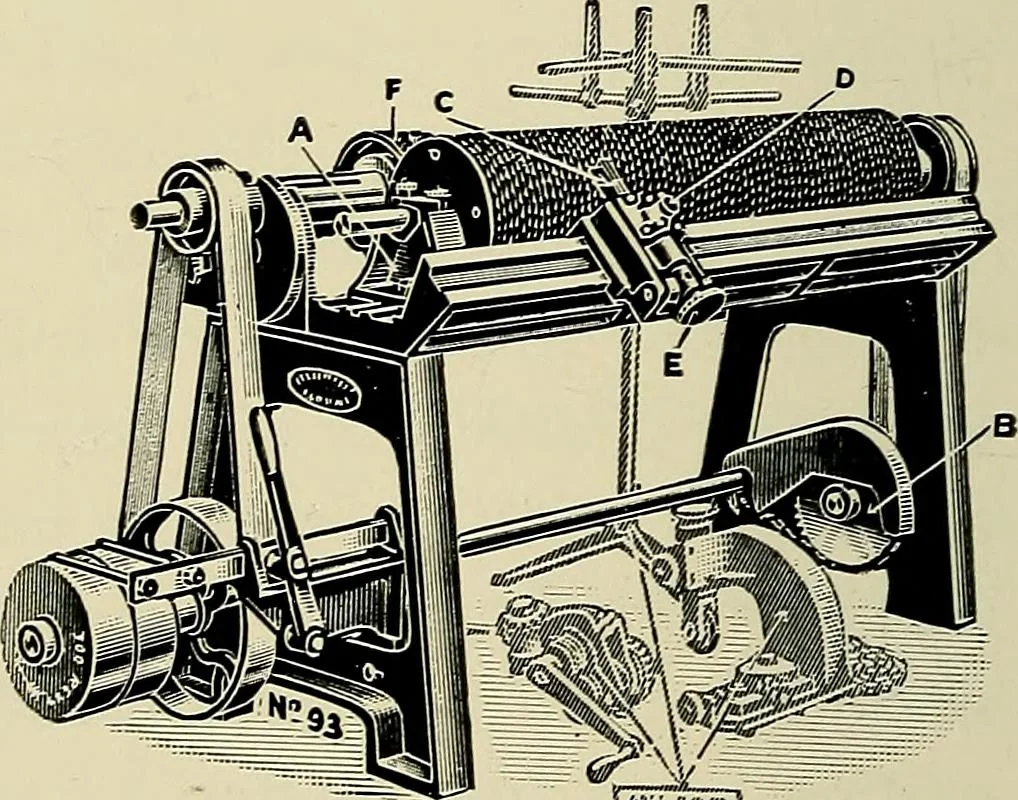 An illustration from Card grinding in theory and practice : a treatise upon the various methods of grinding card clothing used by spinners of cotton, wool, silk, and other textile fibres, 1922, leaf 87