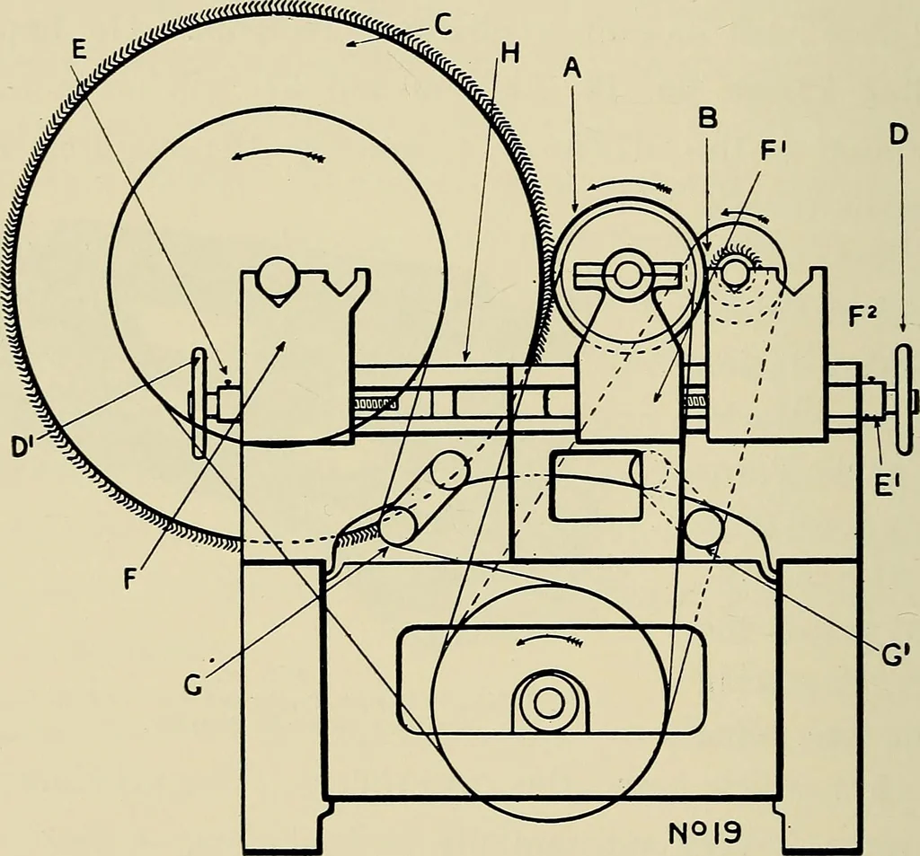 An illustration from Card grinding in theory and practice : a treatise upon the various methods of grinding card clothing used by spinners of cotton, wool, silk, and other textile fibres, 1922, leaf 97