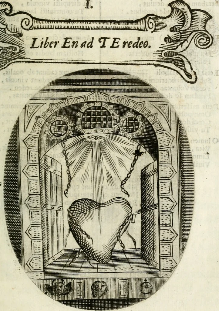 An illustration from Cardiomorpheoseos sive ex corde desumpta emblemata sacra, 1645, leaf 12