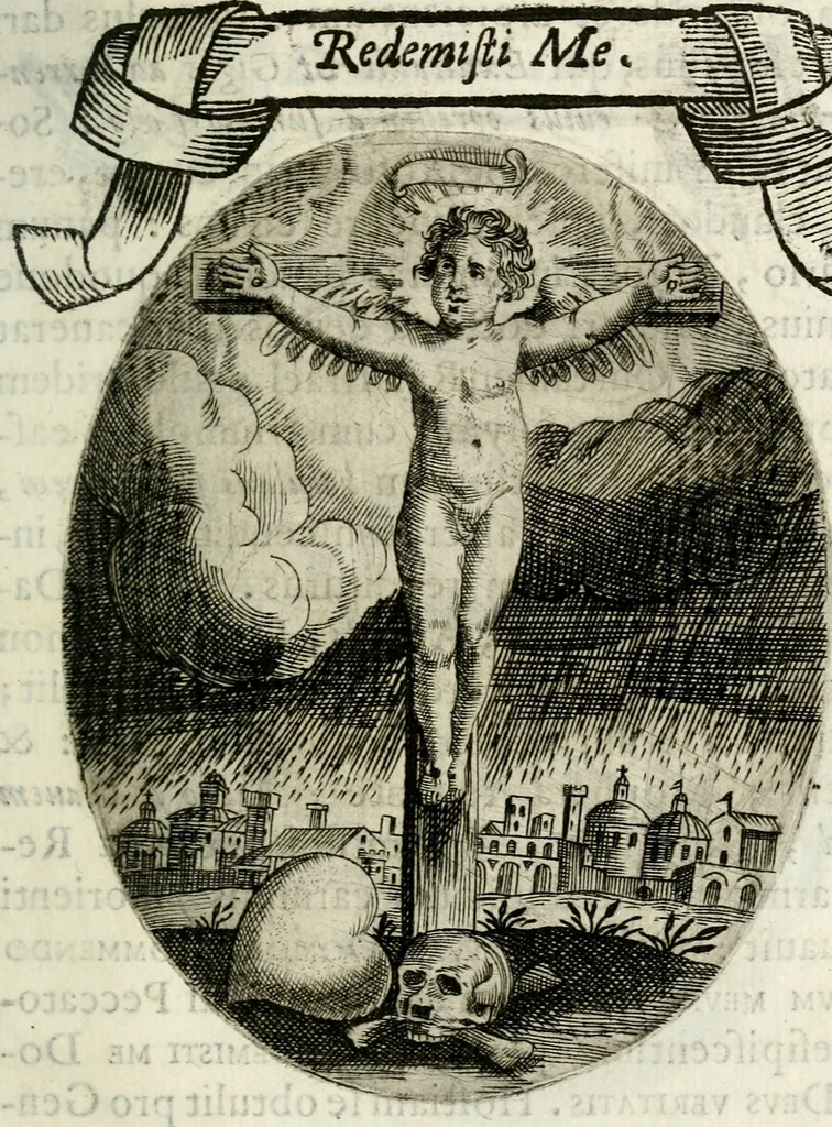 An illustration from Cardiomorpheoseos sive ex corde desumpta emblemata sacra, 1645, leaf 16