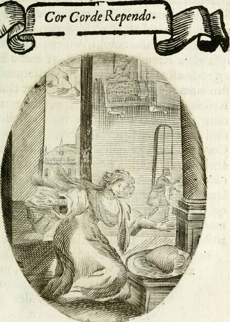 An illustration from Cardiomorpheoseos sive ex corde desumpta emblemata sacra, 1645, leaf 172