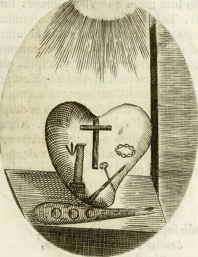 An illustration from Cardiomorpheoseos sive ex corde desumpta emblemata sacra, 1645, leaf 214