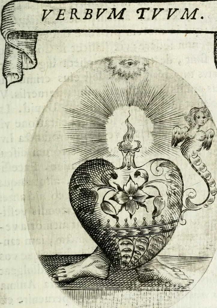 An illustration from Cardiomorpheoseos sive ex corde desumpta emblemata sacra, 1645, leaf 26