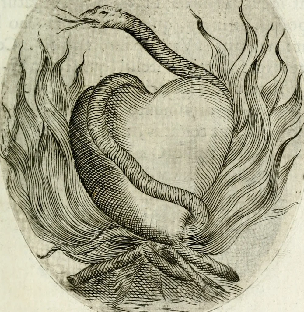 An illustration from Cardiomorpheoseos sive ex corde desumpta emblemata sacra, 1645, leaf 36