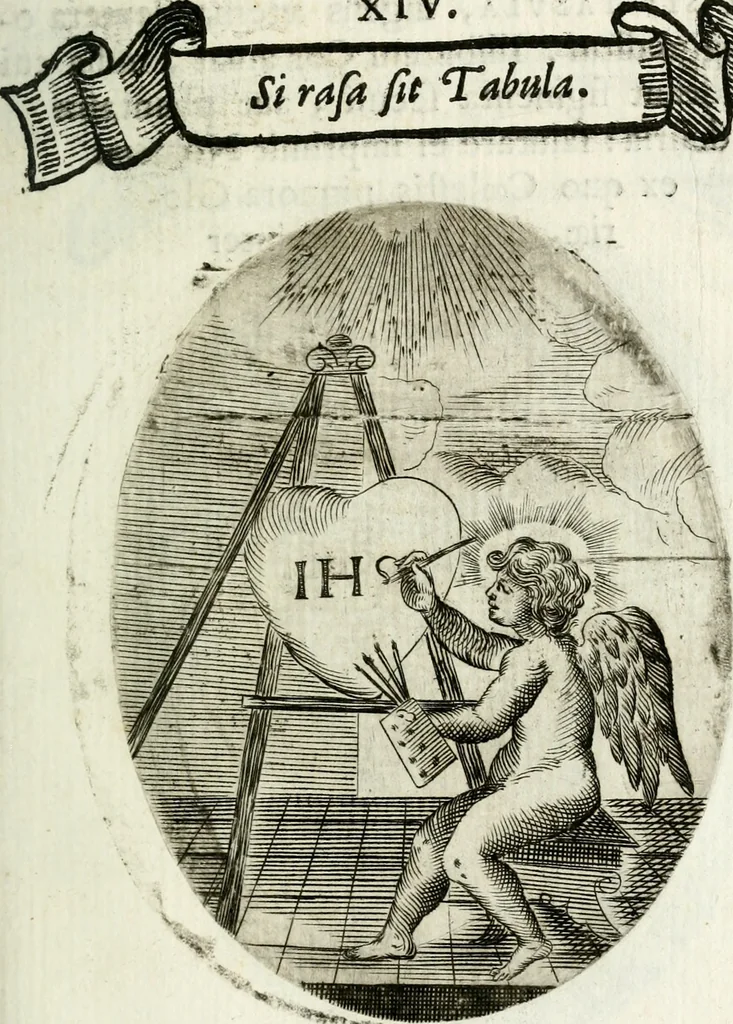 An illustration from Cardiomorpheoseos sive ex corde desumpta emblemata sacra, 1645, leaf 38