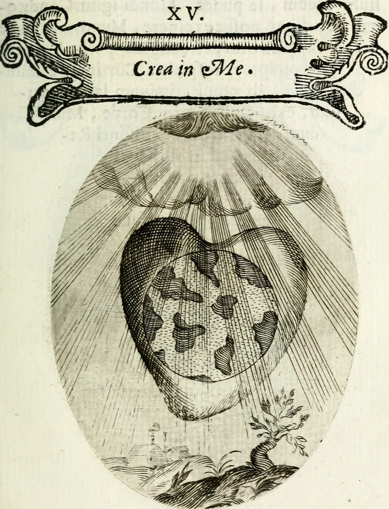 An illustration from Cardiomorpheoseos sive ex corde desumpta emblemata sacra, 1645, leaf 40