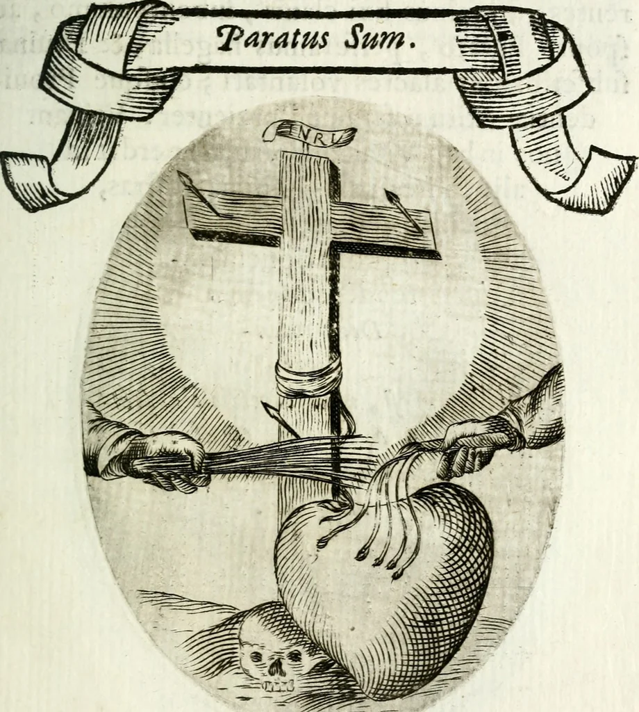 An illustration from Cardiomorpheoseos sive ex corde desumpta emblemata sacra, 1645, leaf 42