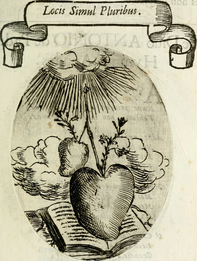 An illustration from Cardiomorpheoseos sive ex corde desumpta emblemata sacra, 1645, leaf 54