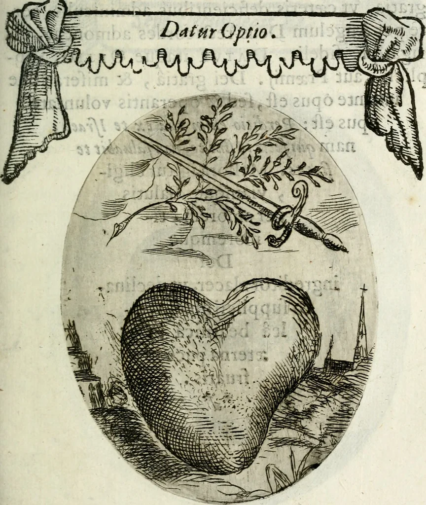 An illustration from Cardiomorpheoseos sive ex corde desumpta emblemata sacra, 1645, leaf 60
