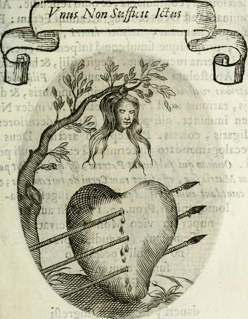 An illustration from Cardiomorpheoseos sive ex corde desumpta emblemata sacra, 1645, leaf 64