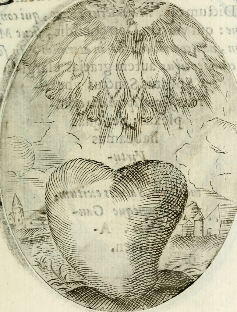 An illustration from Cardiomorpheoseos sive ex corde desumpta emblemata sacra, 1645, leaf 90