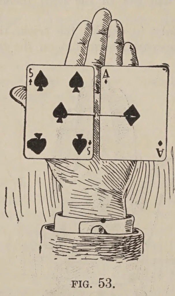 An illustration from Card tricks : how to do them and sleight of hand : designed for parlor and stage entertainments for the instruction of professionals and amateurs, 1902, leaf 102