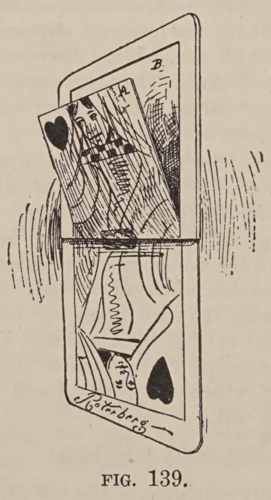 An illustration from Card tricks : how to do them and sleight of hand : designed for parlor and stage entertainments for the instruction of professionals and amateurs, 1902, leaf 174