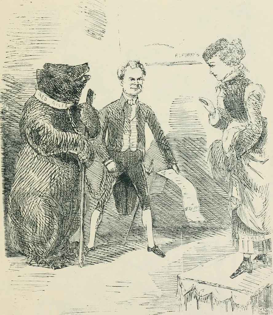 An illustration from A caricature history of Canadian politics : events from the union of 1841, as illustrated by cartoons from "Grip", and various other sources, 1886, leaf 100