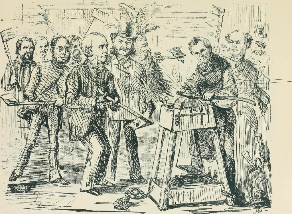 An illustration from A caricature history of Canadian politics : events from the union of 1841, as illustrated by cartoons from "Grip", and various other sources, 1886, leaf 102