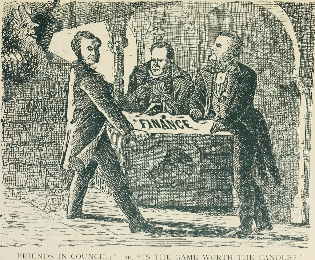 An illustration from A caricature history of Canadian politics : events from the union of 1841, as illustrated by cartoons from "Grip", and various other sources, 1886, leaf 110