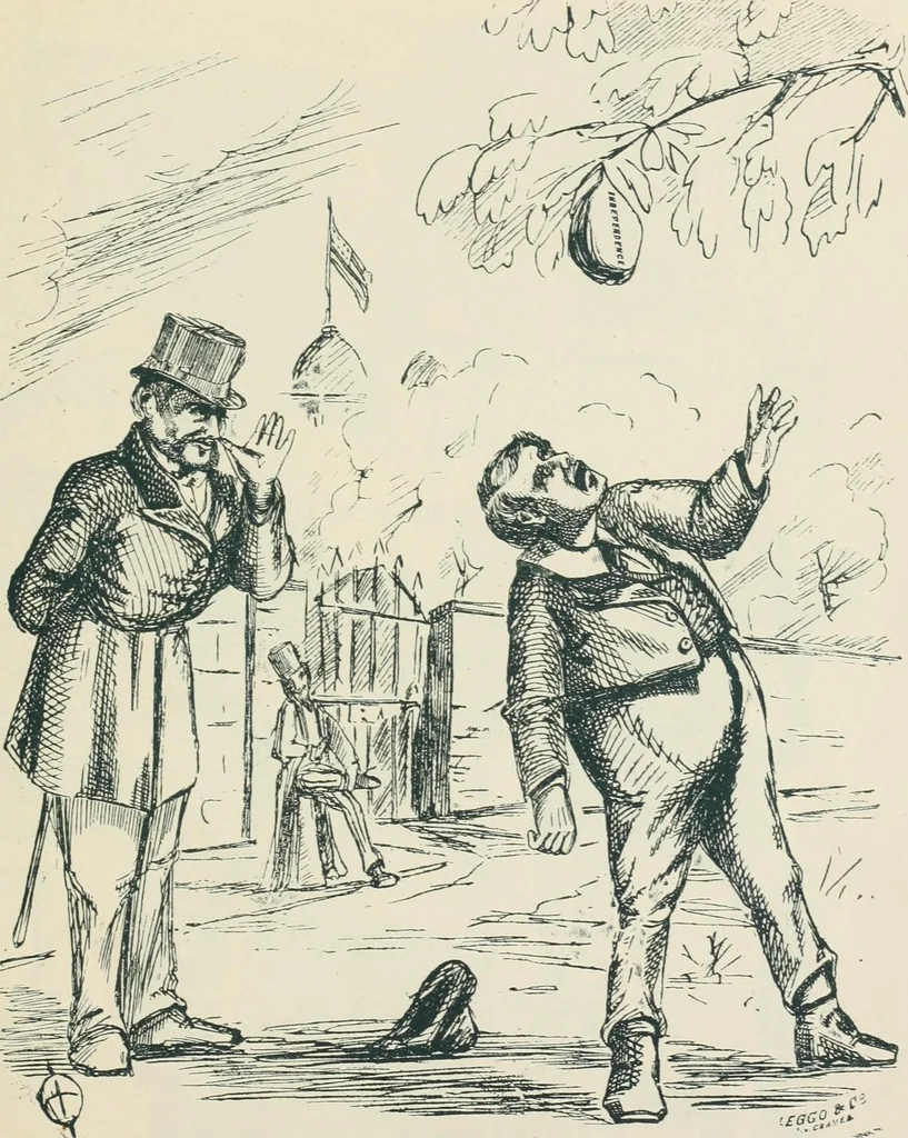 An illustration from A caricature history of Canadian politics : events from the union of 1841, as illustrated by cartoons from "Grip", and various other sources, 1886, leaf 112