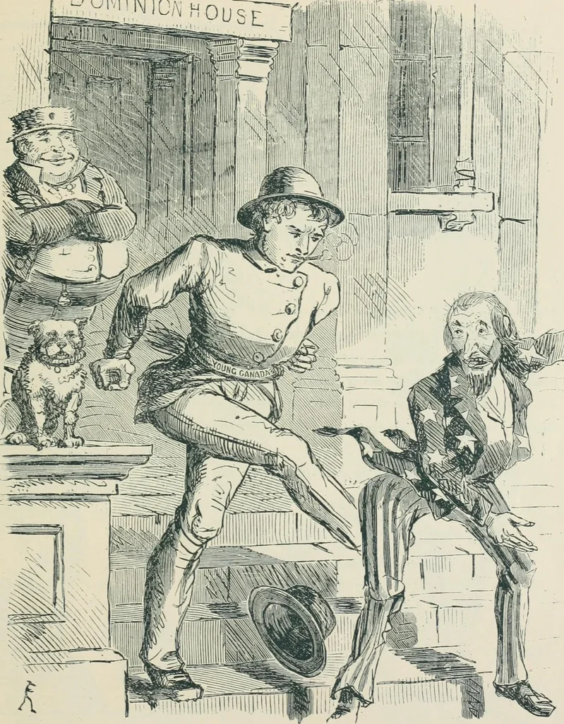 An illustration from A caricature history of Canadian politics : events from the union of 1841, as illustrated by cartoons from "Grip", and various other sources, 1886, leaf 114
