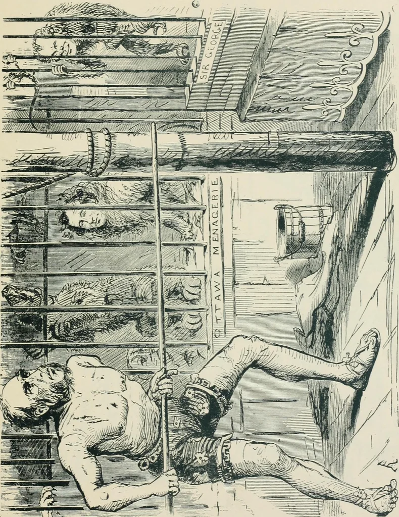 An illustration from A caricature history of Canadian politics : events from the union of 1841, as illustrated by cartoons from "Grip", and various other sources, 1886, leaf 116