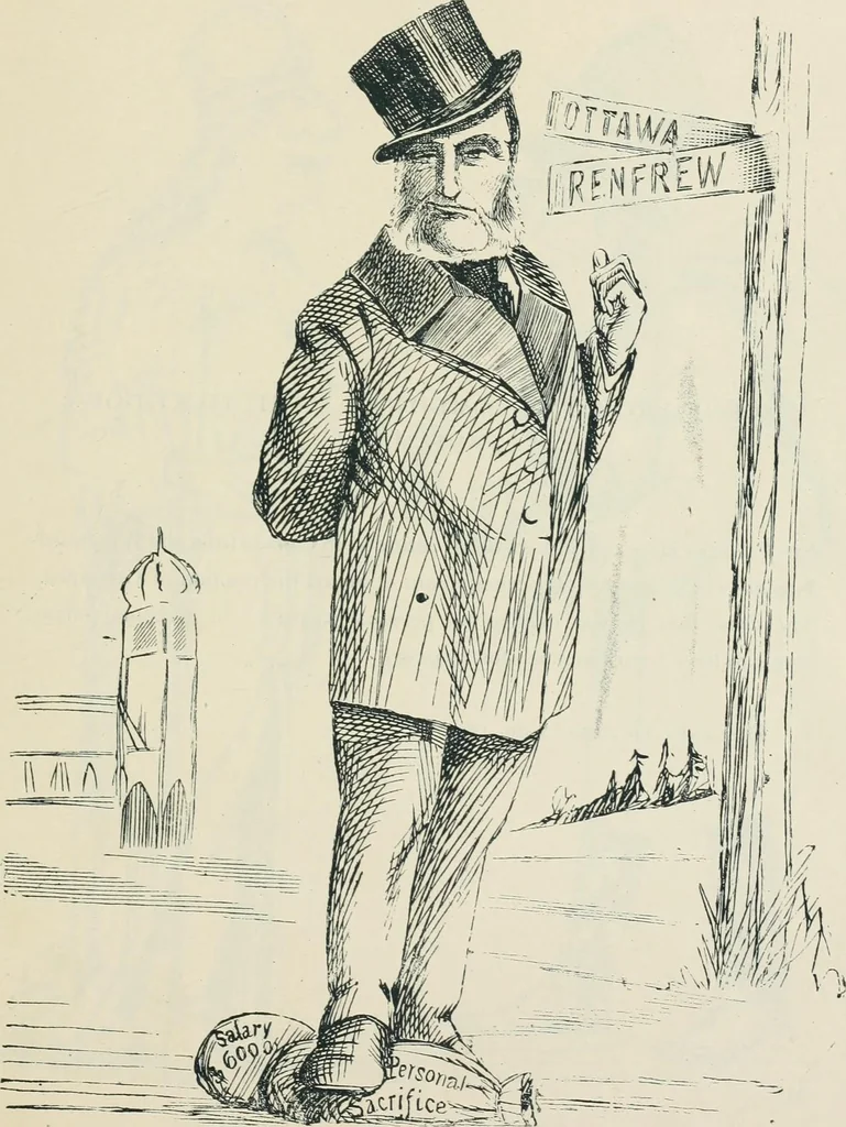An illustration from A caricature history of Canadian politics : events from the union of 1841, as illustrated by cartoons from "Grip", and various other sources, 1886, leaf 122