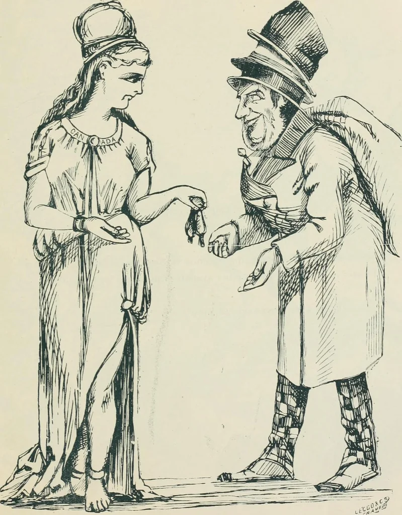 An illustration from A caricature history of Canadian politics : events from the union of 1841, as illustrated by cartoons from "Grip", and various other sources, 1886, leaf 124
