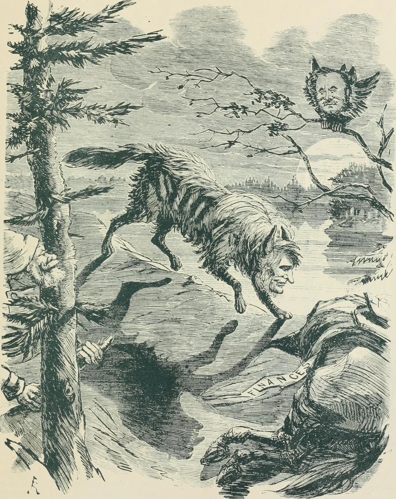 An illustration from A caricature history of Canadian politics : events from the union of 1841, as illustrated by cartoons from "Grip", and various other sources, 1886, leaf 126