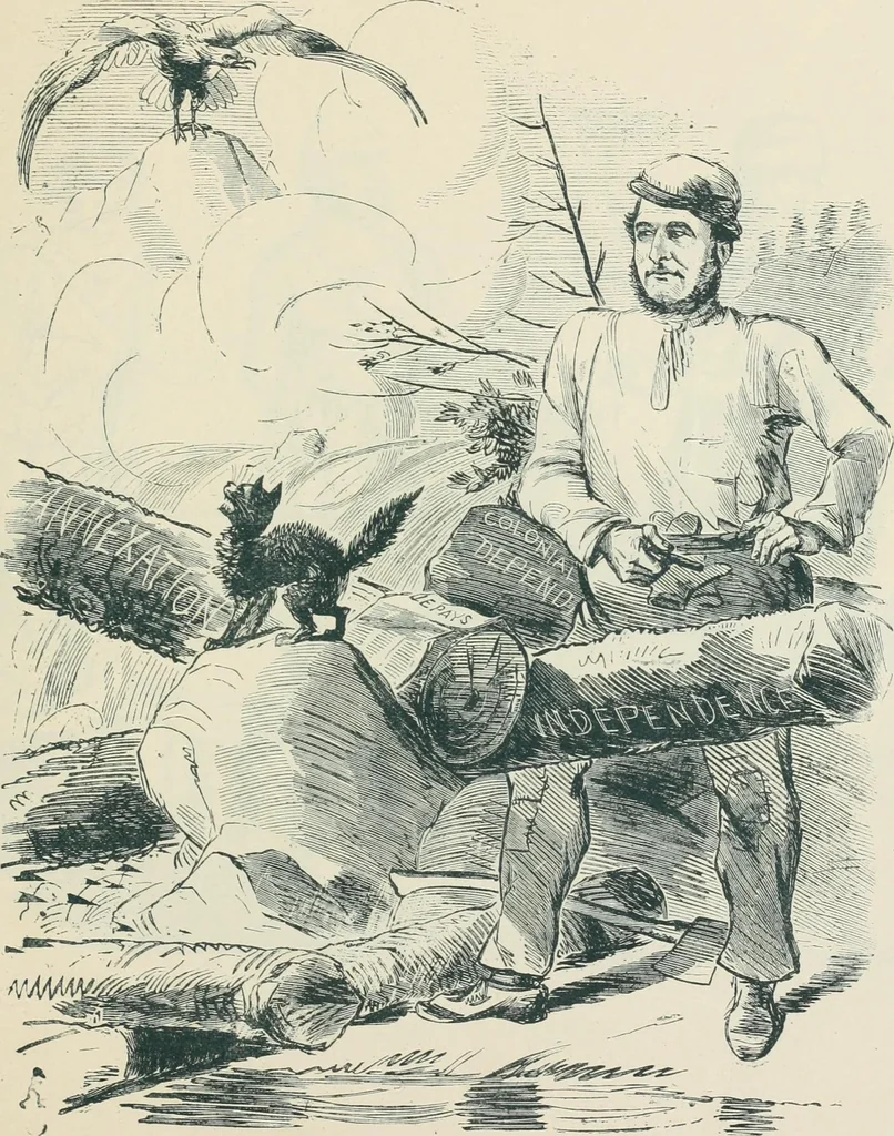 An illustration from A caricature history of Canadian politics : events from the union of 1841, as illustrated by cartoons from "Grip", and various other sources, 1886, leaf 130