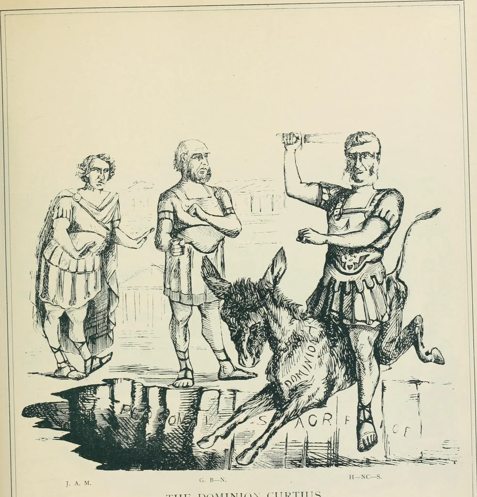 An illustration from A caricature history of Canadian politics : events from the union of 1841, as illustrated by cartoons from "Grip", and various other sources, 1886, leaf 132