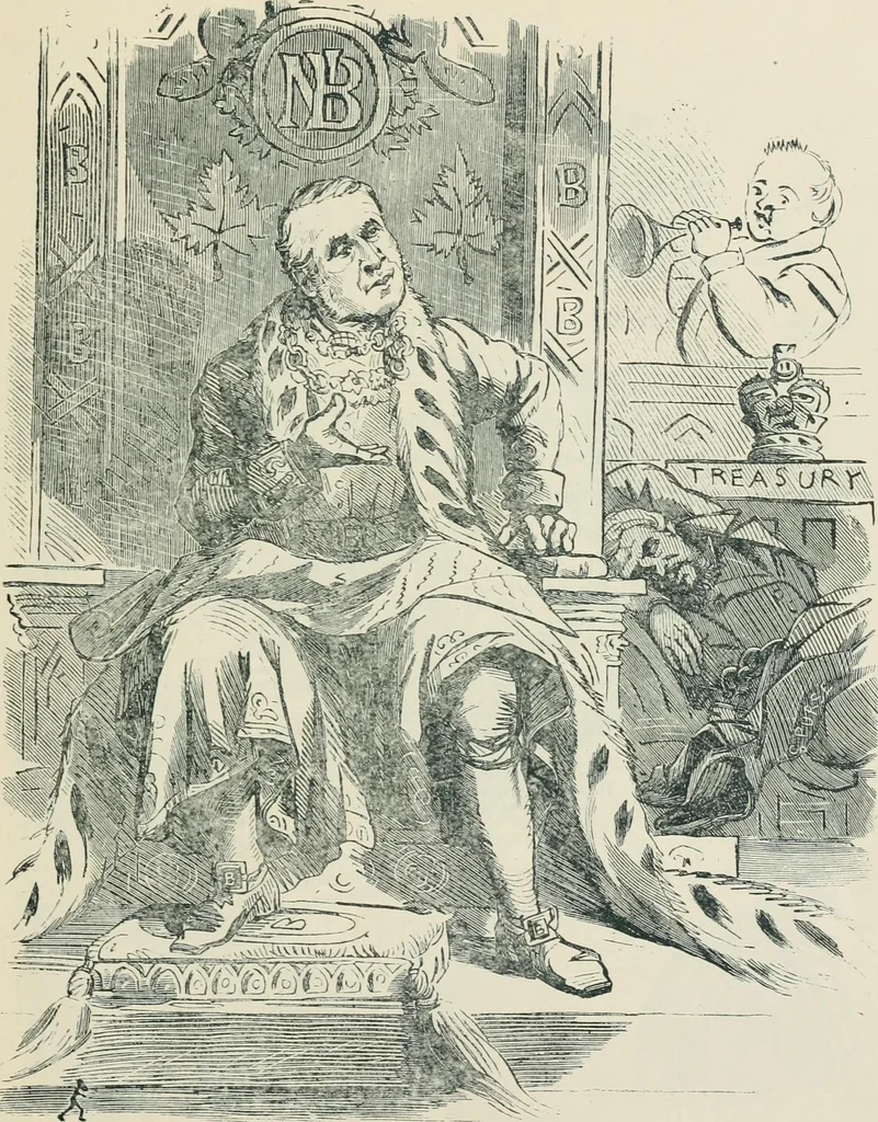 An illustration from A caricature history of Canadian politics : events from the union of 1841, as illustrated by cartoons from "Grip", and various other sources, 1886, leaf 136
