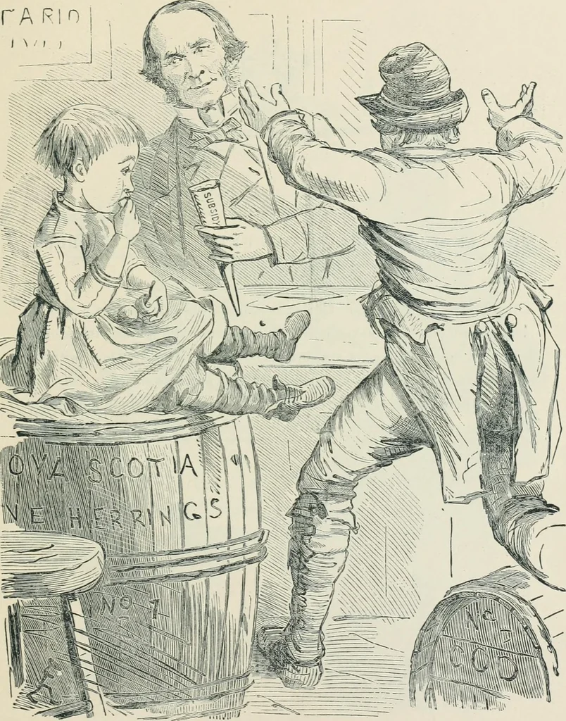 An illustration from A caricature history of Canadian politics : events from the union of 1841, as illustrated by cartoons from "Grip", and various other sources, 1886, leaf 138