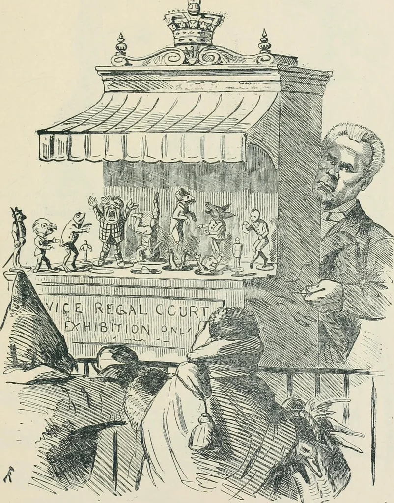An illustration from A caricature history of Canadian politics : events from the union of 1841, as illustrated by cartoons from "Grip", and various other sources, 1886, leaf 140
